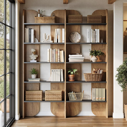 70.87" Tall Farmhouse Bookshelf, 5-Tier Double Wide Bookcase with Open Shelves, Vintage Bookshelf for Living Room, Office, Study Room, Bedroom（Brown）