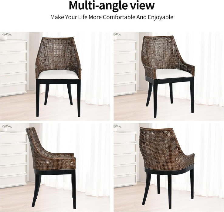 Natural Cane Mesh Rattan Accent Chair, Tropical Coastal Woven Back Armchair with Beige Fabric Cushion & Black Tapered Wood Legs, Ergonomic Comfort for Living Room Bedroom