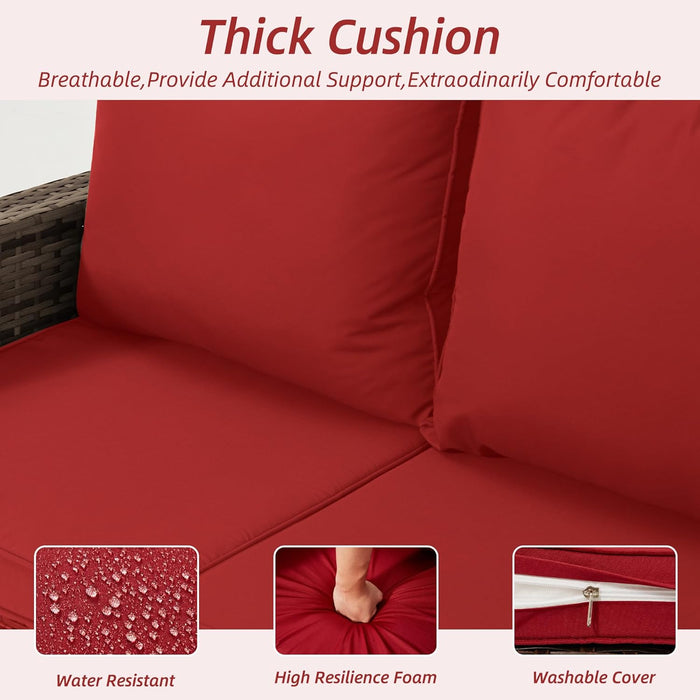 6 Piece Patio Conversation Sets with Sofa Couch, Rattan Wicker Swivel Chairs with 2 Ottoman, Coffee Table & Cushions, Outdoor Furniture Sets for Garden, Poolside, Backyard (Wine Red)