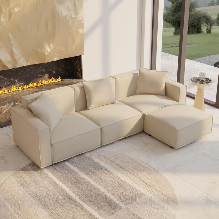 Luxury Modular Sectional Living Room Sofa Set, Modern Minimalist Style Couch with Ottoman and Chaise, L-Shape, Cream