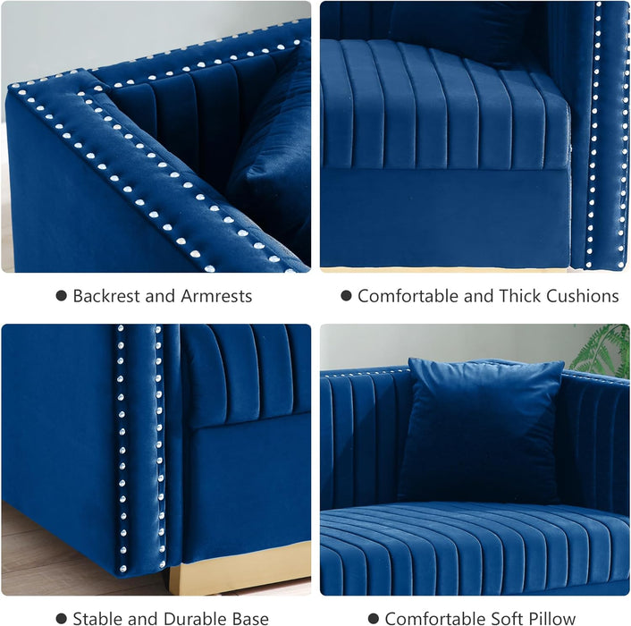 Luxury Velvet Sofa Set for Living Room, Modern Decor Furniture Channel Sofa Couch and Loveseat with Nailhead Gold Metal Legs and 4 Pillows for Bedroom, Hall, Blue