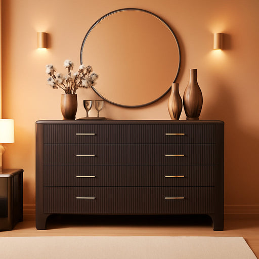 Brown Oak Fluted Eight Drawer Dresser CurvedProfile