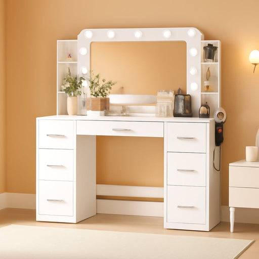 Makeup Vanity Desk with Large Mirror and Lights, Vanity with Power Strip and Hairdryer Holder, 6 Open Shelves and 7 Drawers Modern Dressing Table, for Bedroom (White)