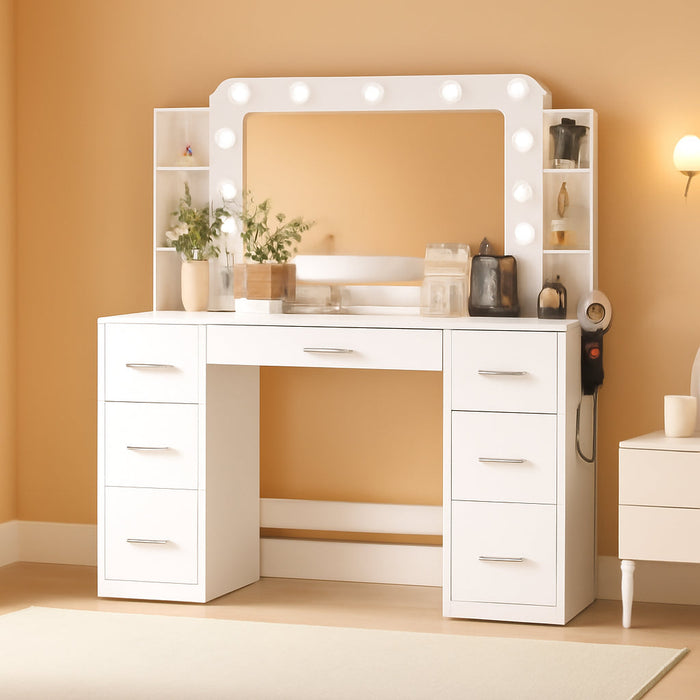 Makeup Vanity Desk with Large Mirror and Lights, Vanity with Power Strip and Hairdryer Holder, 6 Open Shelves and 7 Drawers Modern Dressing Table, for Bedroom (White)