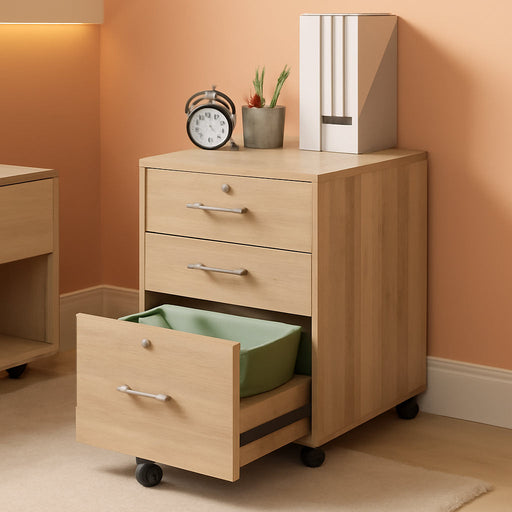 26"H 3 Drawer File Cabinet with Lock, Rolling File Cabinet under Desk, Mobile File Cabinets for Home Office, Wood File Cabinet Printer Stand for Letter Size File Folders, Assembly Required, Oak