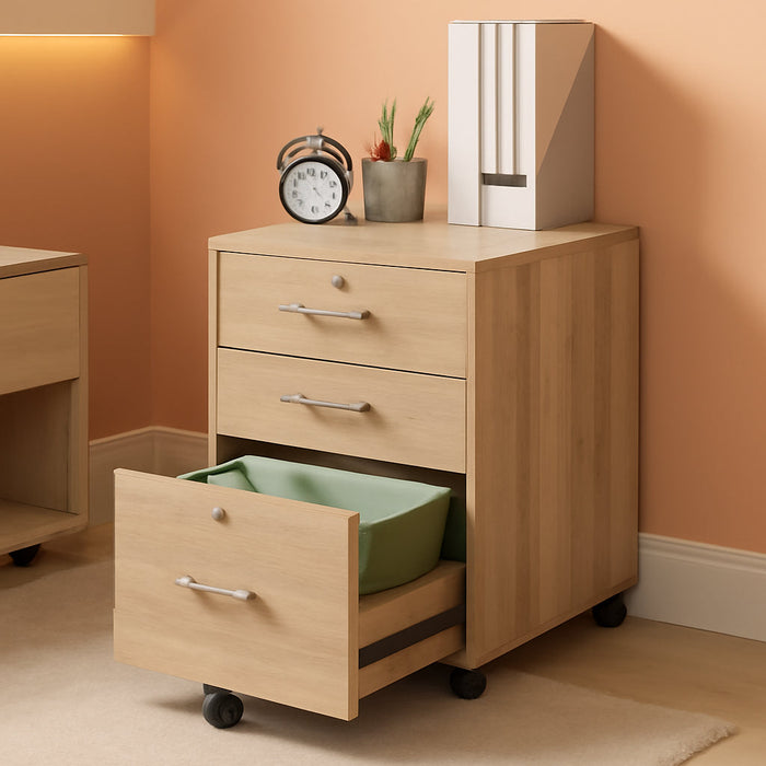 26"H 3 Drawer File Cabinet with Lock, Rolling File Cabinet under Desk, Mobile File Cabinets for Home Office, Wood File Cabinet Printer Stand for Letter Size File Folders, Assembly Required, Oak