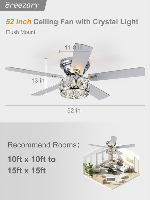52 Inch Flush Mount Ceiling Fans with Lights Remote Control, 5 Reversible Blades Indoor Low Profile Crystal Lighting Chandelier Ceiling Fans for Bedroom Living Room (Chrome)