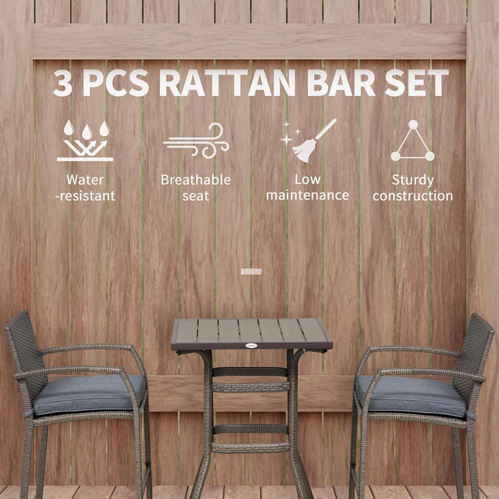 3 PCS Rattan Wicker Bar Set with Wood Grain Top Table and 2 Bar Stools for Outdoor, Patio, Poolside, Garden, Grey
