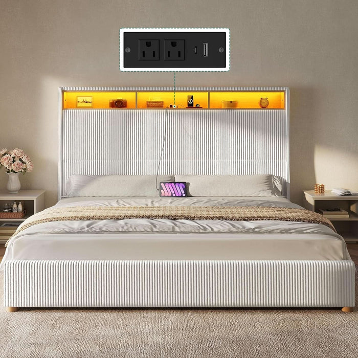 King Size Corduroy Upholstered Platform Bed Frame with Charging Station and RGB LED Lights, 53’’ Tall Storage Wingback Headboard, No Box Spring Needed, Easy Assembly, Noise-Free, White