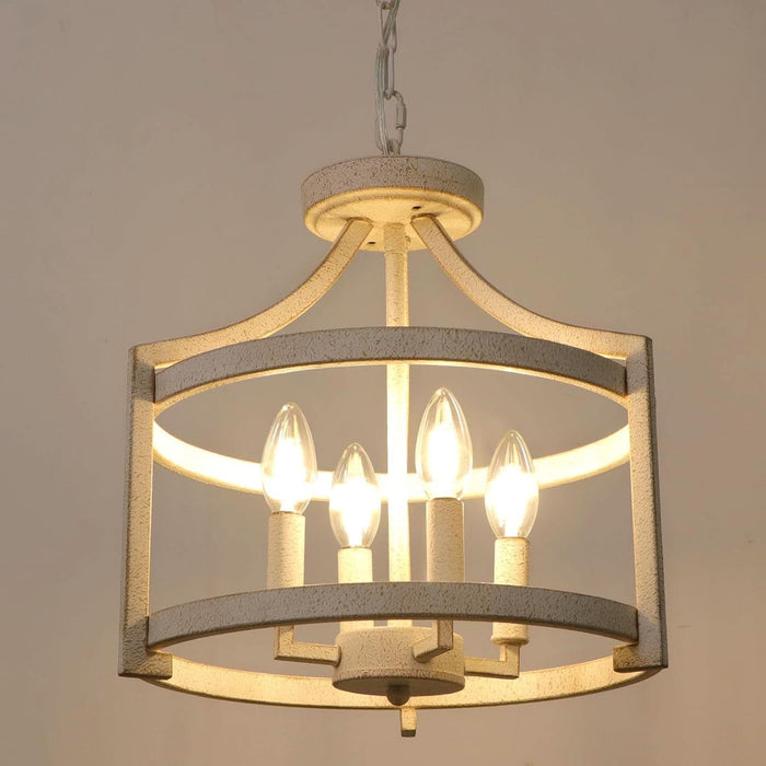 4-Light Farmhouse Chandelier, Distressed Hanging Pendant Lighting, Convertible Semi Flush Mount Ceiling Light Fixture Vintage White Metal Chandeliers for Dining Room Kitchen Foyer Entryway
