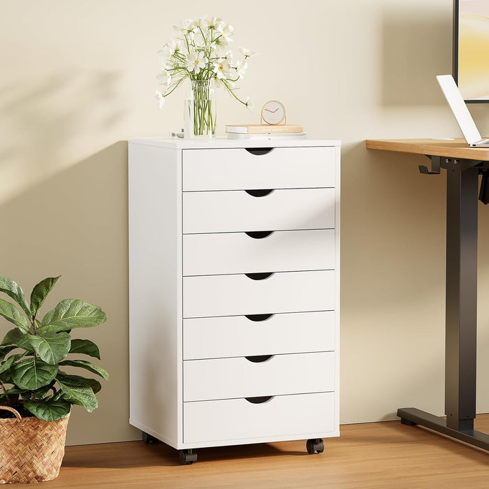 7 Drawer Rolling Storage Cabinet, Wood under Desk Mobile Dresser with Wheels, Small Organizer Chest for Home Office, Bedroom, Rolling Vertical Organizer for Home Office, White