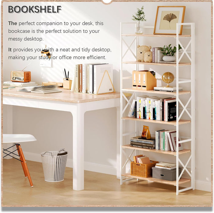 6 Tiers No Assembly Book Shelves, 61.8" H Folding Bookshelf Bookcase Open Industrial Foldable Shelves for Bedroom, Living Room, Home Office - Natural White