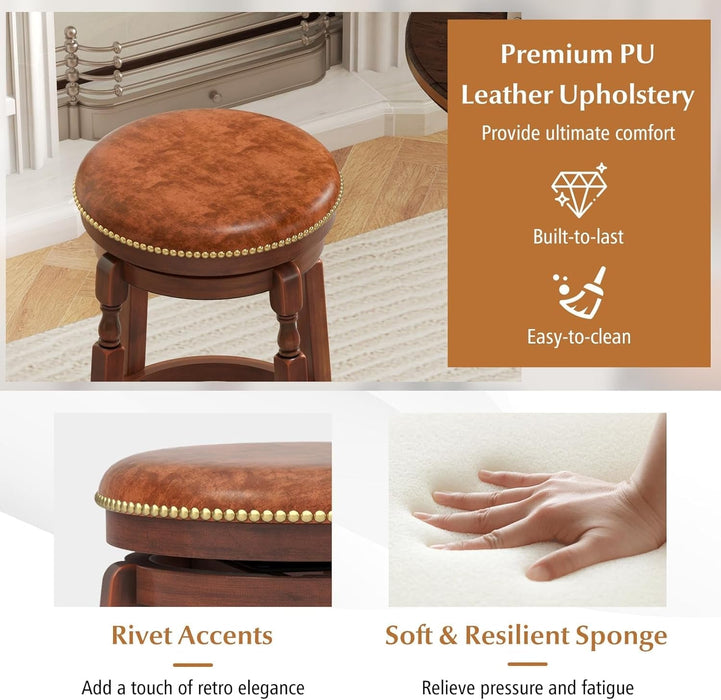 24" Swivel Bar Stools Set of 2, Farmhouse Counter Height Stools with Upholstered Seat & Rubber Wood Frame, round Backless Kitchen Stools, Barstools for Kitchen Island/Breakfast Nook, Walnut