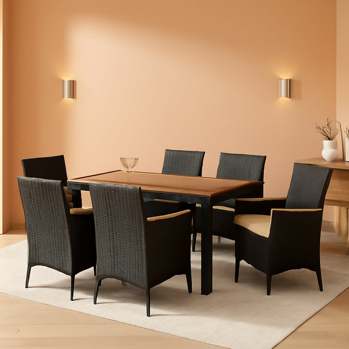 Dining 7 PCS Furniture, Patio Conversation Set with Acacia Wood Table Top, Rattan Outdoor, Black