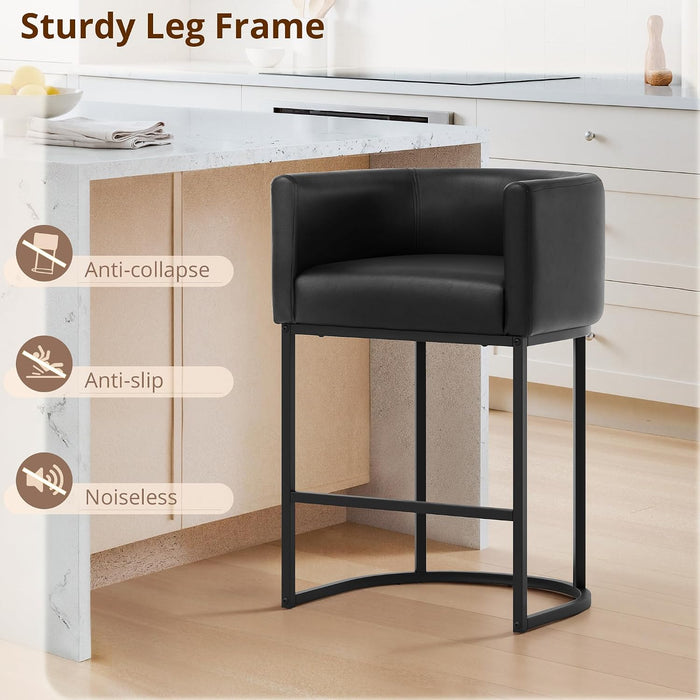 Counter Height Bar Stools Set of 3, Modern Barrel Counter Stools with Backrest and Arms, Black Metal Frames, Faux Leather Upholstered Accent Barstools for Kitchen Island, Black