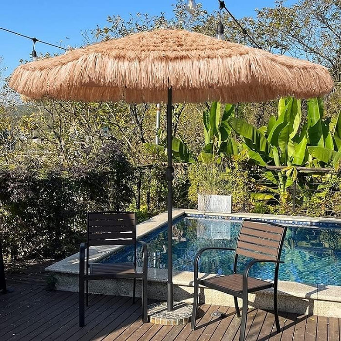 hula patio umbrella AMMSUN 7.5ft Thatched Tiki Hawaiian Style Beach Umbrella 10 Ribs UPF 50+ with Tilt Carry Bag for Patio Garde looking steel stake poles to effortlessly anchor into the sand or grass 9' Hula Thatched Patio Umbrella