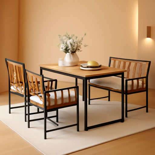 4 Piece Patio Dining Set, Outdoor Wood Dining Furniture W/ 2 Chairs & 1 Loveseat, 47” Acacia Wood Table W/Umbrella Hole, Cozy Seat Cushions, outside Furniture Set for Backyard, Poolside