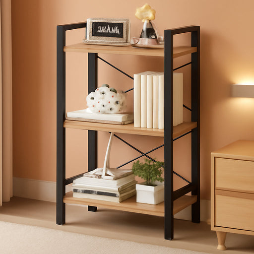 Bookshelf, 3 Tier Industrial Bookcase, Metal Small Bookcase, Rustic Etagere Book Shelf Storage Organizer for Living Room, Bedroom, and Home Office(Light Coffee) Patent Pending D29873033