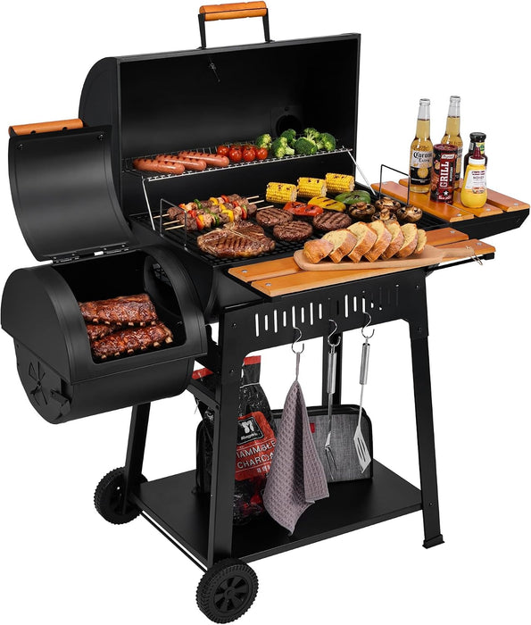 Barrel Charcoal Grill with Offset Smoker, 824 Sq. In. Cooking Area, Wooden Front Shelf, Bottom Shelf, Blow-Molded Wheels, Outdoor Charcoal Grill for Backyard Cooking, Black,Cc1831W
