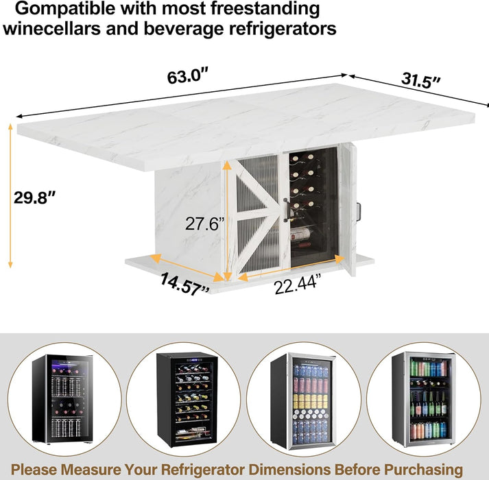 Modern Dining Table for 4 to 6, White Rectangle Kitchen Table with Storage, Wooden Pedestal Dining Room Table with Fridge Space, Large Dinner Tables for Home,Living Room,White Faux Marble, 63 Inch