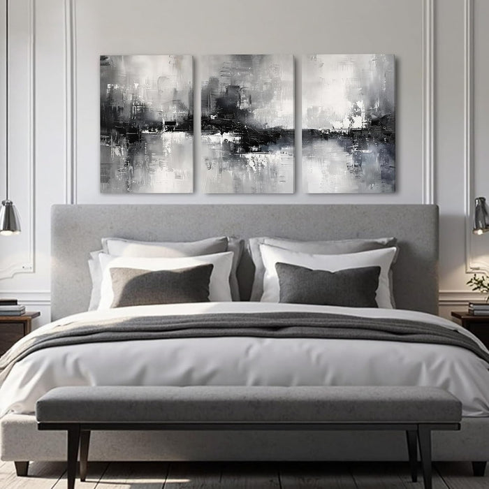 Triptych Abstract Black White Gray Wrapped Canvas Wall Art 16X24 in | Gallery Wrapped Canvas, UV Fade-Resistant Ink, Modern Minimalist, Ready to Hang, Living Room Office Decor, Housewarming Gift