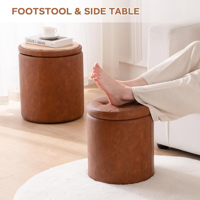 Round Ottoman with Storage Set of 2, 12.6"W X 14.17"H & 14.76"W X 17.32"H Faux Leather Button Tufted Storage Ottoman, Boucle Vanity Stool Footrest Coffee Table for Living Room, Bedroom, Brown