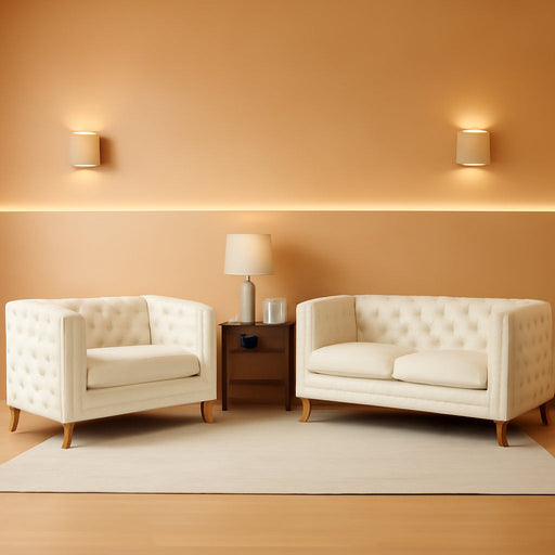 80-Inch Couches + 58-Inch Loveseat Sofa Set for Living Room, Modern Button Tufted Velvet Upholstered Sofa Couch with Square Armrests Inlaid with Gold Nail Heads and 4 Golden Metal Legs, Beige