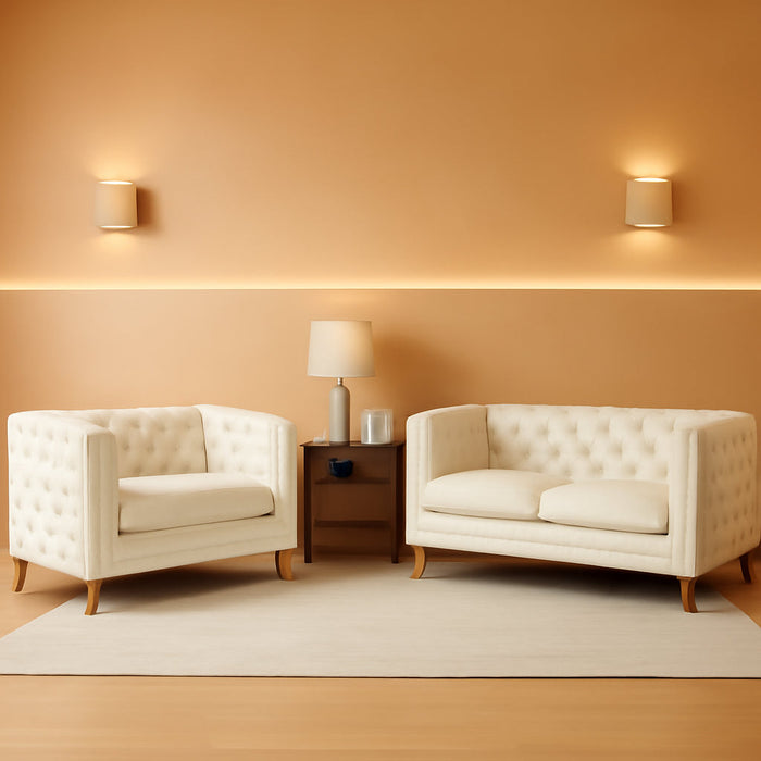 80-Inch Couches + 58-Inch Loveseat Sofa Set for Living Room, Modern Button Tufted Velvet Upholstered Sofa Couch with Square Armrests Inlaid with Gold Nail Heads and 4 Golden Metal Legs, Beige