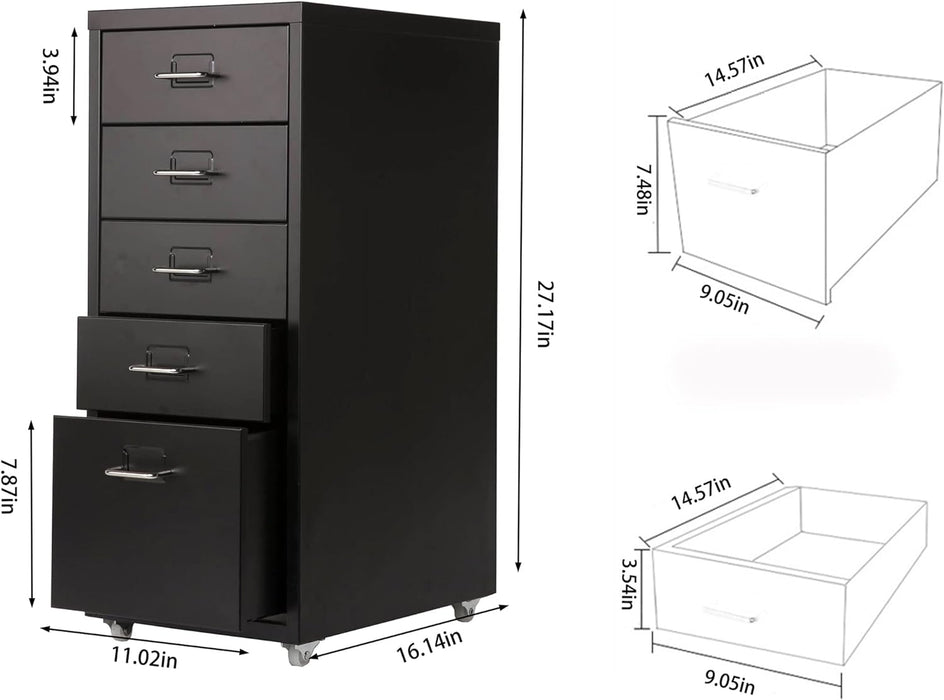 Black Mobile File Cabinet, 5 Drawers