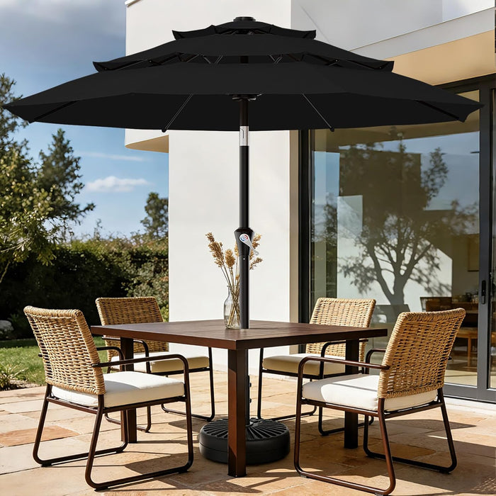 9Ft 3-Tier Patio Umbrellas, Outdoor Umbrella with 8 Sturdy Ribs UV Protection Windproof, Market Table Umbrella W/Push Button Tilt & Crank for Pool, Porch, Deck, Garden(Black)
