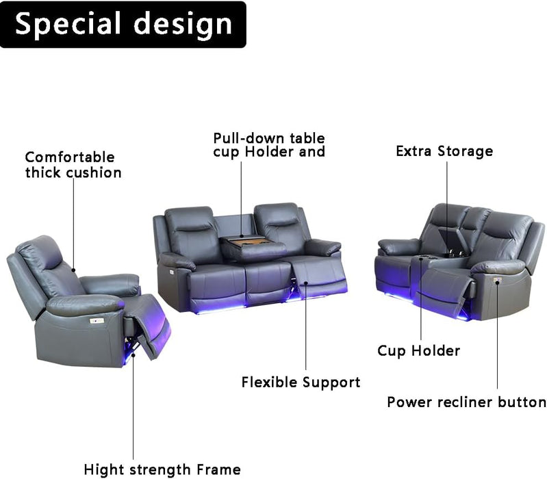 Power Leather Recliner Sofa Sets, 2 Pieces Living Room Furniture Sets with LED Lights, Grey Reclining Sofa Sets with USB Port for House/Office/Rv(B-Drak Grey, Sofa+Loveseat)