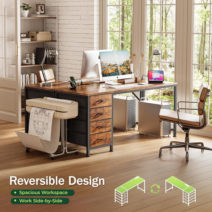55.1 Inch Computer Office Desk with Power Outelts and USB-C Port, Reversible Gaming Desk with 4 Fabric Drawers, Work Study Desk Work from Home, Rustic Brown