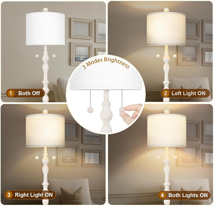 65.5” Natural Real Wood Floor Lamp for Living Room Bedroom, Dual S Cluster Socket, Pull Chains Switch, Farmhouse Tall Standing Lamp with Linen Shade for Home Room Decor (Bulbs Included)