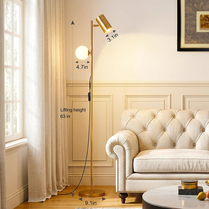 Gold Brass Brushed Floor Lamp, 3-Color Dimmable Bulb, 63" Tall