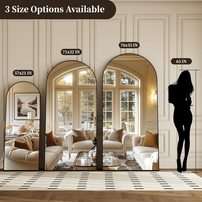 76"X35" Arched Full Length Mirror, Brushed Black Aluminum Frame Floor Mirror with Stand, HD Shatterproof Glass & Rust-Proof Body Mirror for Bedroom, Living Room, Bathroom, Entryway
