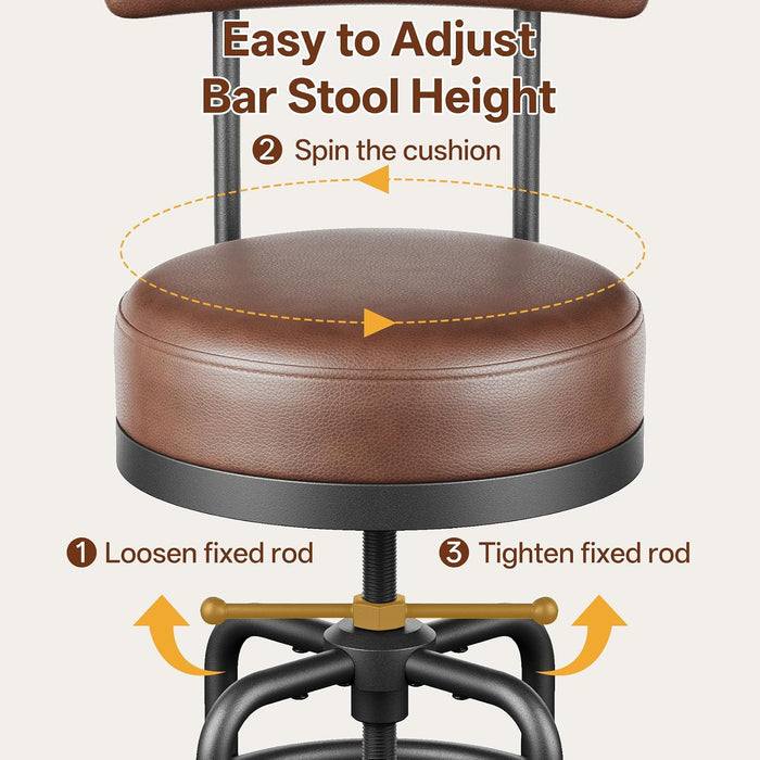 22-29 Inch Adjustable Height Swivel Bar Stools with Back Set of 2 | Vintage Bar Counter Height Stool with Thicken Premium Bonded Leather Seat & Sturdy Padded Backrest, Easy Assembly, Brown