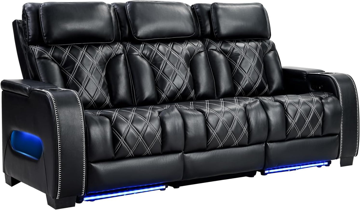 Home Theater Seating, Power Reclining Sofa with Adjustable Headrests, PU Leather 3 Seat Recliner Sofa Couch Set with Ambient Lighting, Cup Holders, USB & Type C Ports, Armrest Storage, Black