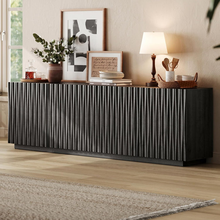 70" Fluted Mid Century Modern Sideboard Buffet Cabinet with Storage, Black