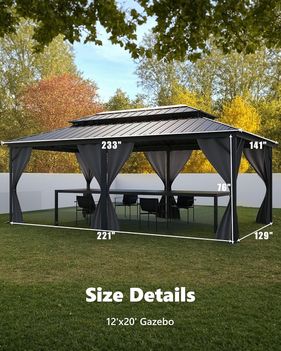 Hardtop Gazebo 12 Ft X20 Ft for All Weather, with Double Metal Roof, Net, and Curtain, Permanent Building for Patio, Deck, Backyard, Lawn, and Garden