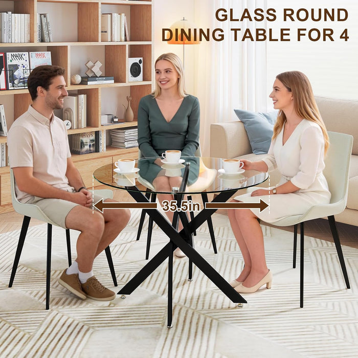 35.5" Glass Dining Table for 4, round Tempered Glass Kitchen Table | Modern Circle Glass Dinner Table with Black Metal Legs for Space Saving Dining Room Apartment Home Office