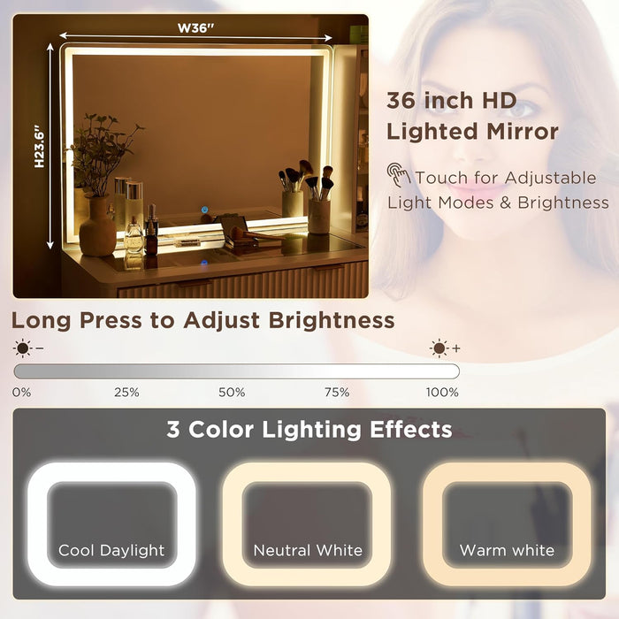 48" Fluted Makeup Vanity Desk with Large 36" Mirror and Lights, Modern Glass Top Big Vanity Table with 5 Drawers & Adjustable Shelves, Dressing Table Set W/Charging Station for Bedroom, White