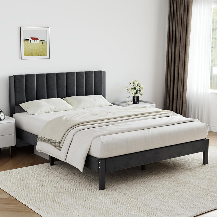 King Bed Frame with Piano Keys Headboard and Footboard, Metal Platform Bed Frames King Size, No Box Spring Needed, Easy Assembly, Steel Slats Support, Velvet Black
