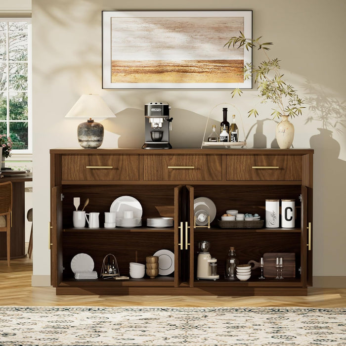 59" Sideboard Buffet Cabinet, 3 Drawers, 4 Doors, Walnut | Modern Coffee Bar Cabinet with Gold Handles, Long Sideboard Buffet Table for Kitchen