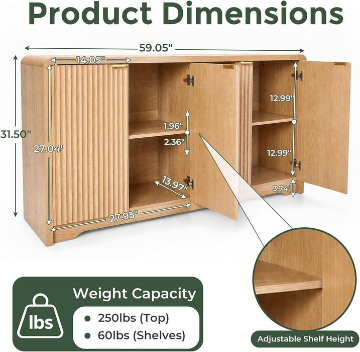 59" Fluted Sideboard Buffet Cabinet with Storage,Credenza Natural