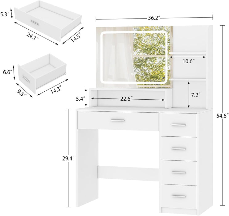 Makeup Vanity Desk with Liighted Mirror, Vanity Desk with 5 Drawers & Storage Shelves, Vanity Table, 3 Color Modes & Adjustable Brightness Dressing Table, Bedroom