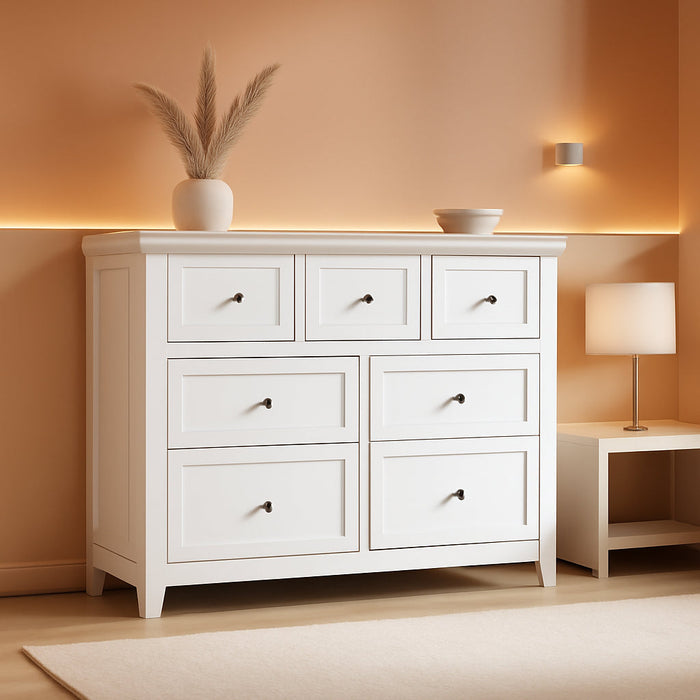White Contemporary Seven Drawer Dresser For Bedroom