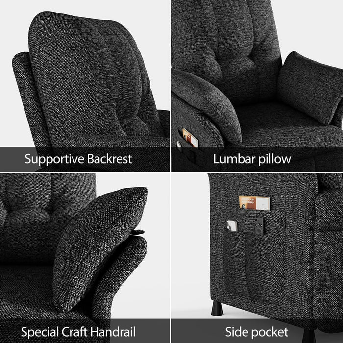 Power Recliner Chair for Adults with Heated & Massage, Adjustable Electric Reclining Chair Sofa with Armrest Pillow, Single Sofa with Side Pocket for Living Room, Linen, Dark Grey