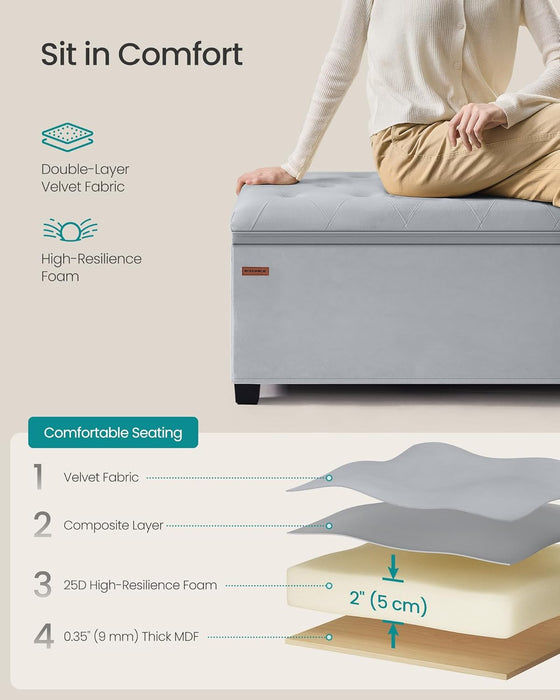 Velvet Storage Ottoman Bench, Foot Rest with Legs, 15.7 X 43 X 15.7 Inches, End of Bed Bench, Storage Chest, Load up to 660 Lb, for Living Room, Bedroom, Entryway, Dove Gray ULSF089G02