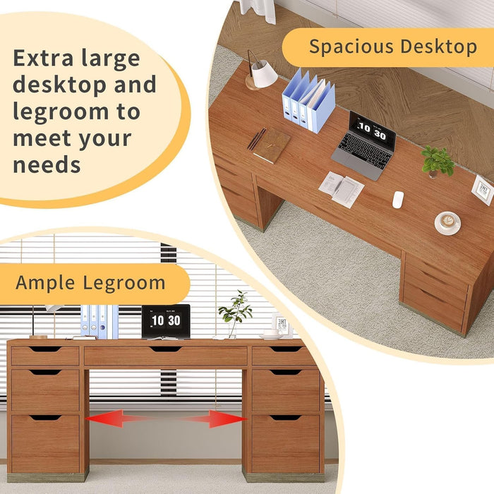 54Inch WalnutFinish ExecutiveDesk With Seven Drawers