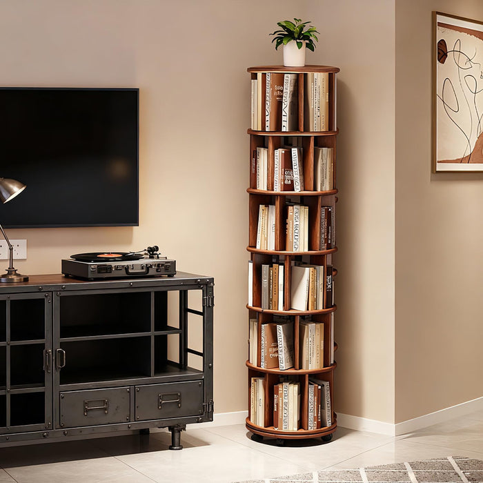 Six Tier Rotating Rubberwood Bookshelf Walnut Finish